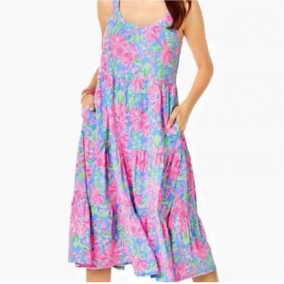 Lilly Pulitzer Loro Midi Tiered Dress - Size L - Blue Peri Sunrise Bay - Picture 2 of 12